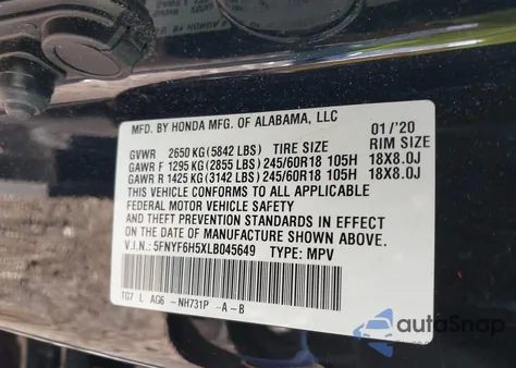 2020 Honda Pilot Awd Ex-L from USA, damaged, VIN 5FNYF6H5XLB045649